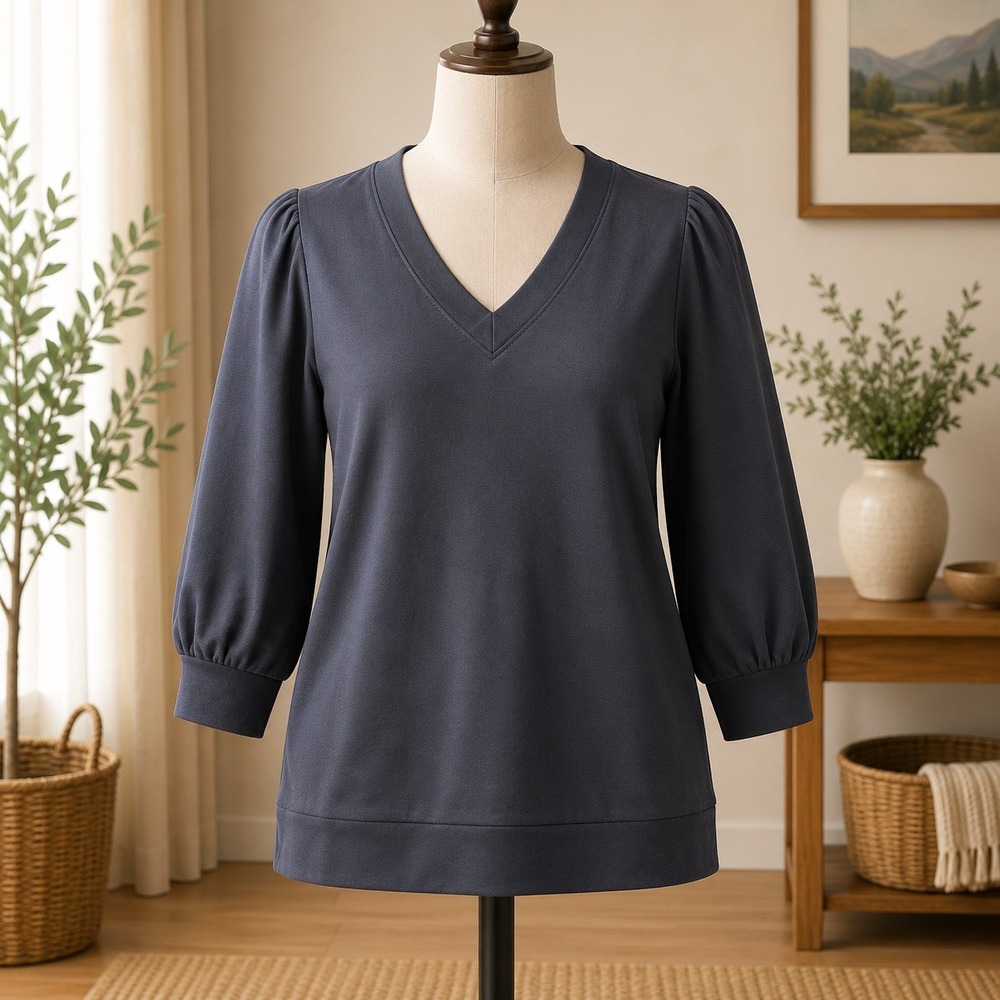 AnyBody V-Neck Sweatshirt Women 2X Black Puff Shoulder Long Sleeve Top